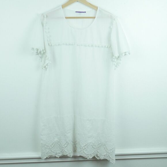Amita Naithani Large Swim Cover Up White Embroidered Pompom Sheer Boho Vacation - Picture 1 of 9
